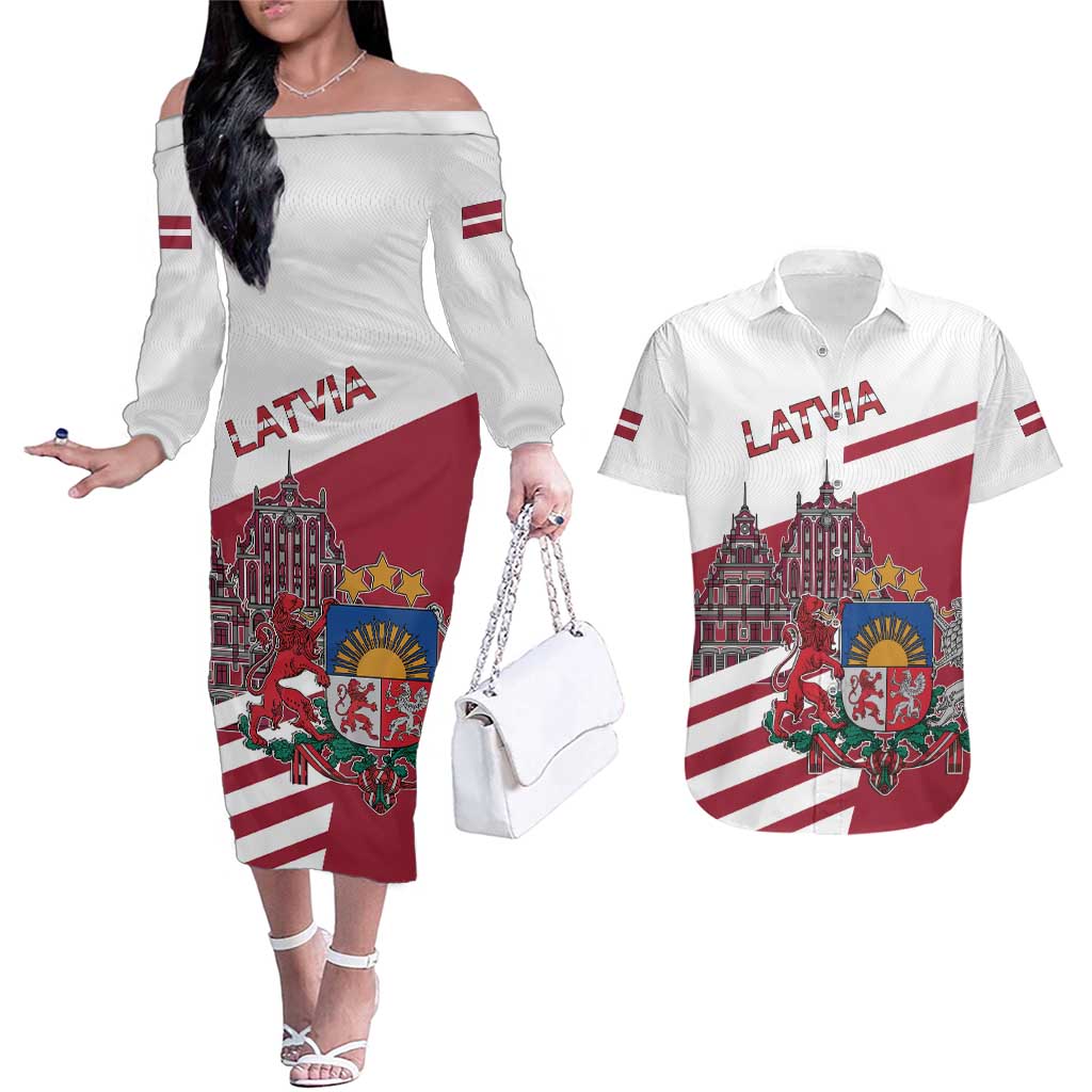 Personalized Riga Town Hall Square Latvia Couples Matching Off The Shoulder Long Sleeve Dress and Hawaiian Shirt Coat of Arms