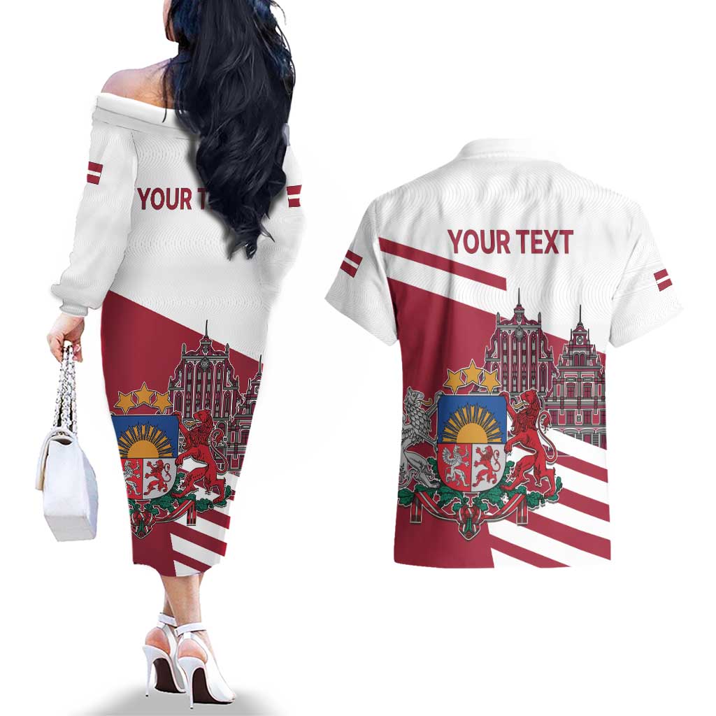 Personalized Riga Town Hall Square Latvia Couples Matching Off The Shoulder Long Sleeve Dress and Hawaiian Shirt Coat of Arms