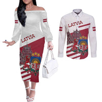 Personalized Riga Town Hall Square Latvia Couples Matching Off The Shoulder Long Sleeve Dress and Long Sleeve Button Shirt Coat of Arms