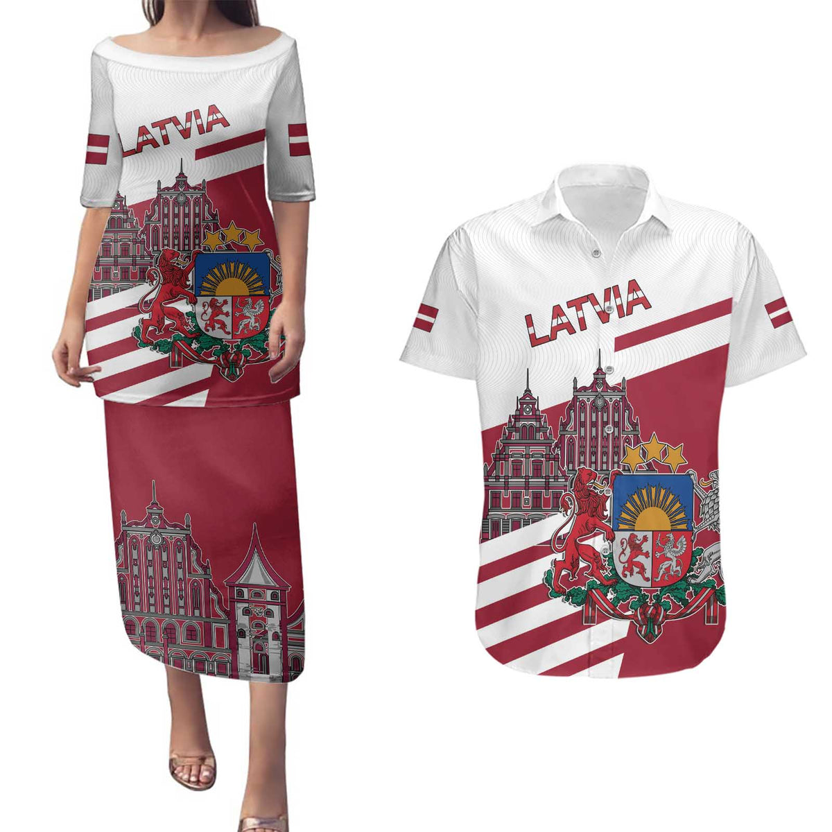 Personalized Riga Town Hall Square Latvia Couples Matching Puletasi and Hawaiian Shirt Coat of Arms