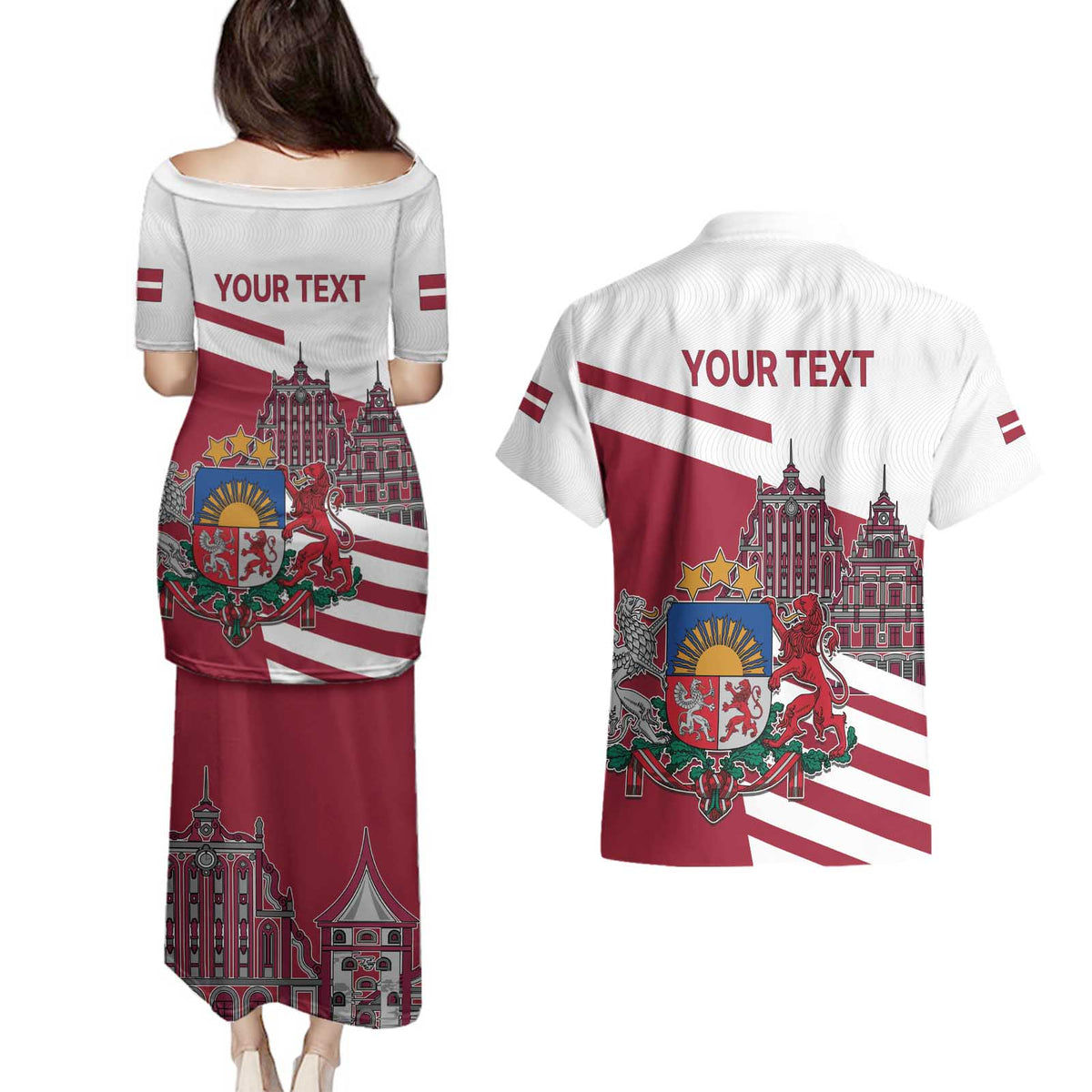 Personalized Riga Town Hall Square Latvia Couples Matching Puletasi and Hawaiian Shirt Coat of Arms
