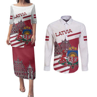 Personalized Riga Town Hall Square Latvia Couples Matching Puletasi and Long Sleeve Button Shirt Coat of Arms