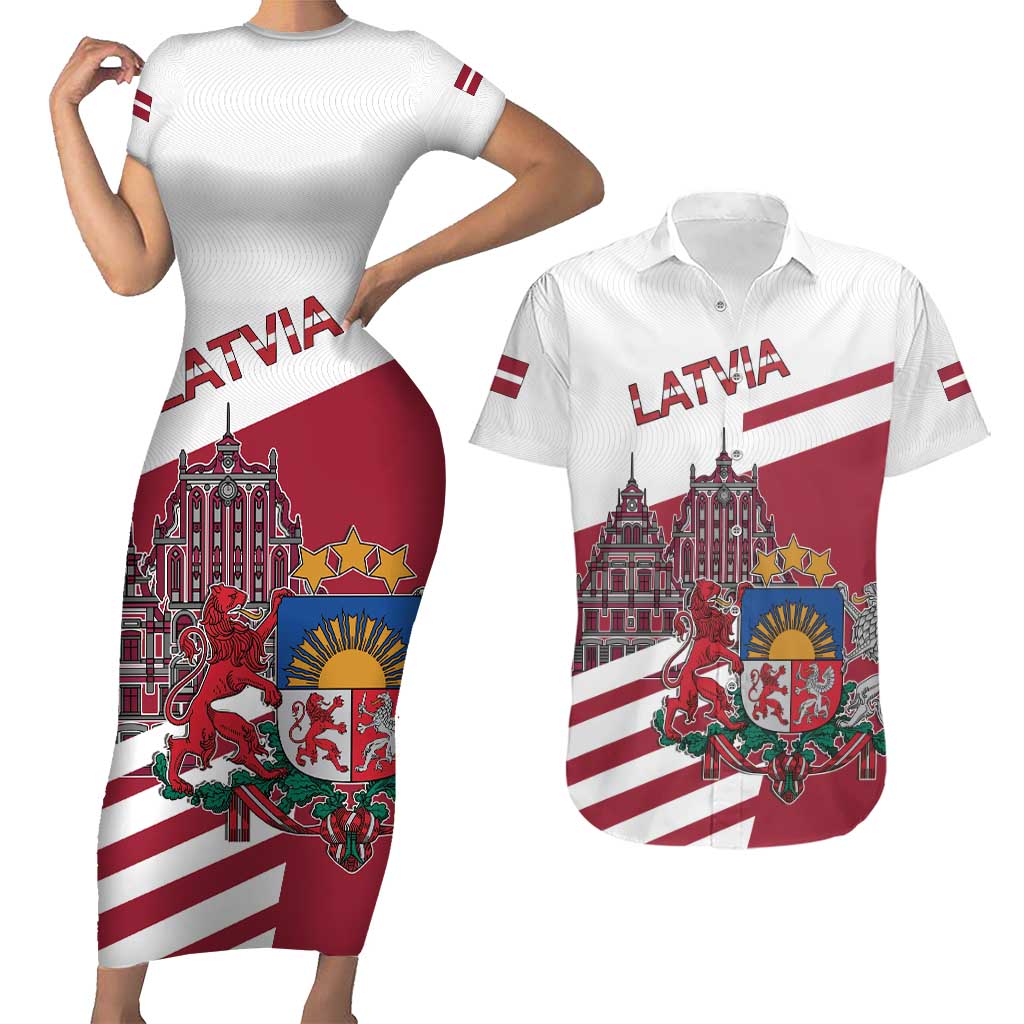 Personalized Riga Town Hall Square Latvia Couples Matching Short Sleeve Bodycon Dress and Hawaiian Shirt Coat of Arms