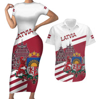 Personalized Riga Town Hall Square Latvia Couples Matching Short Sleeve Bodycon Dress and Hawaiian Shirt Coat of Arms