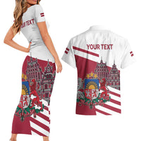 Personalized Riga Town Hall Square Latvia Couples Matching Short Sleeve Bodycon Dress and Hawaiian Shirt Coat of Arms