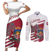 Personalized Riga Town Hall Square Latvia Couples Matching Short Sleeve Bodycon Dress and Long Sleeve Button Shirt Coat of Arms