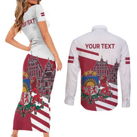 Personalized Riga Town Hall Square Latvia Couples Matching Short Sleeve Bodycon Dress and Long Sleeve Button Shirt Coat of Arms