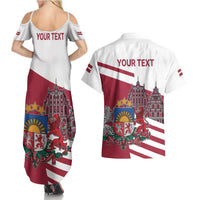 Personalized Riga Town Hall Square Latvia Couples Matching Summer Maxi Dress and Hawaiian Shirt Coat of Arms