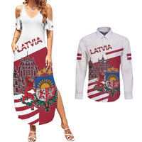 Personalized Riga Town Hall Square Latvia Couples Matching Summer Maxi Dress and Long Sleeve Button Shirt Coat of Arms