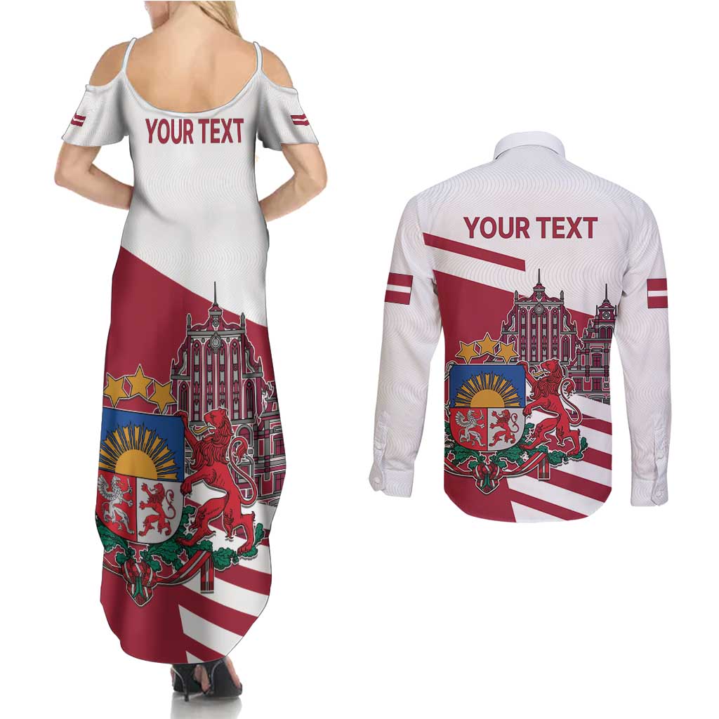 Personalized Riga Town Hall Square Latvia Couples Matching Summer Maxi Dress and Long Sleeve Button Shirt Coat of Arms