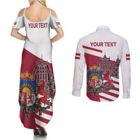 Personalized Riga Town Hall Square Latvia Couples Matching Summer Maxi Dress and Long Sleeve Button Shirt Coat of Arms