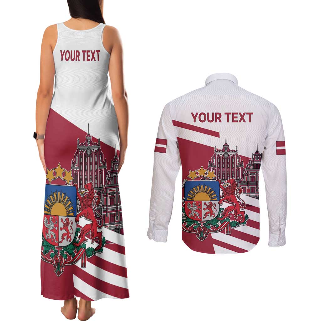 Personalized Riga Town Hall Square Latvia Couples Matching Tank Maxi Dress and Long Sleeve Button Shirt Coat of Arms