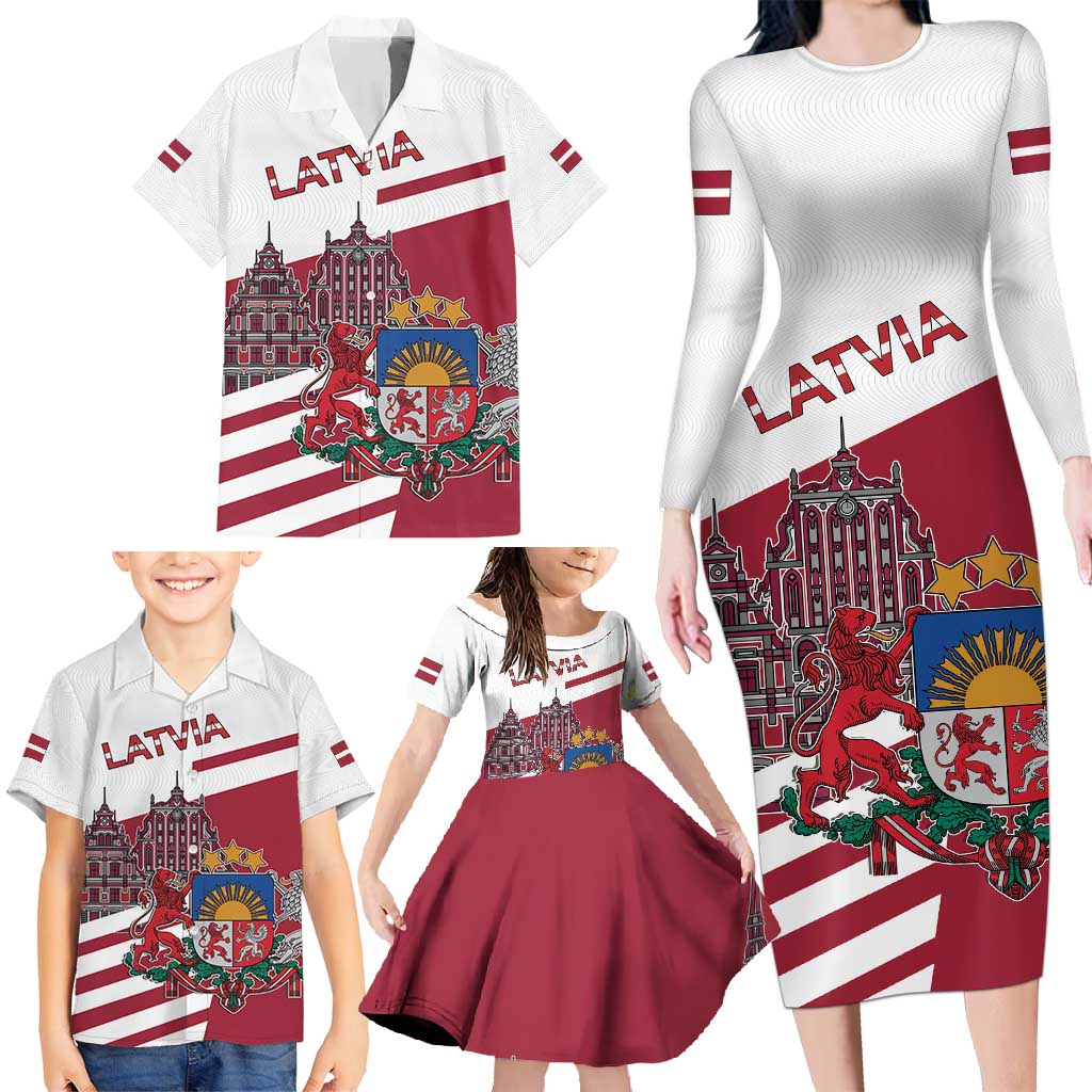 Personalized Riga Town Hall Square Latvia Family Matching Long Sleeve Bodycon Dress and Hawaiian Shirt Coat of Arms