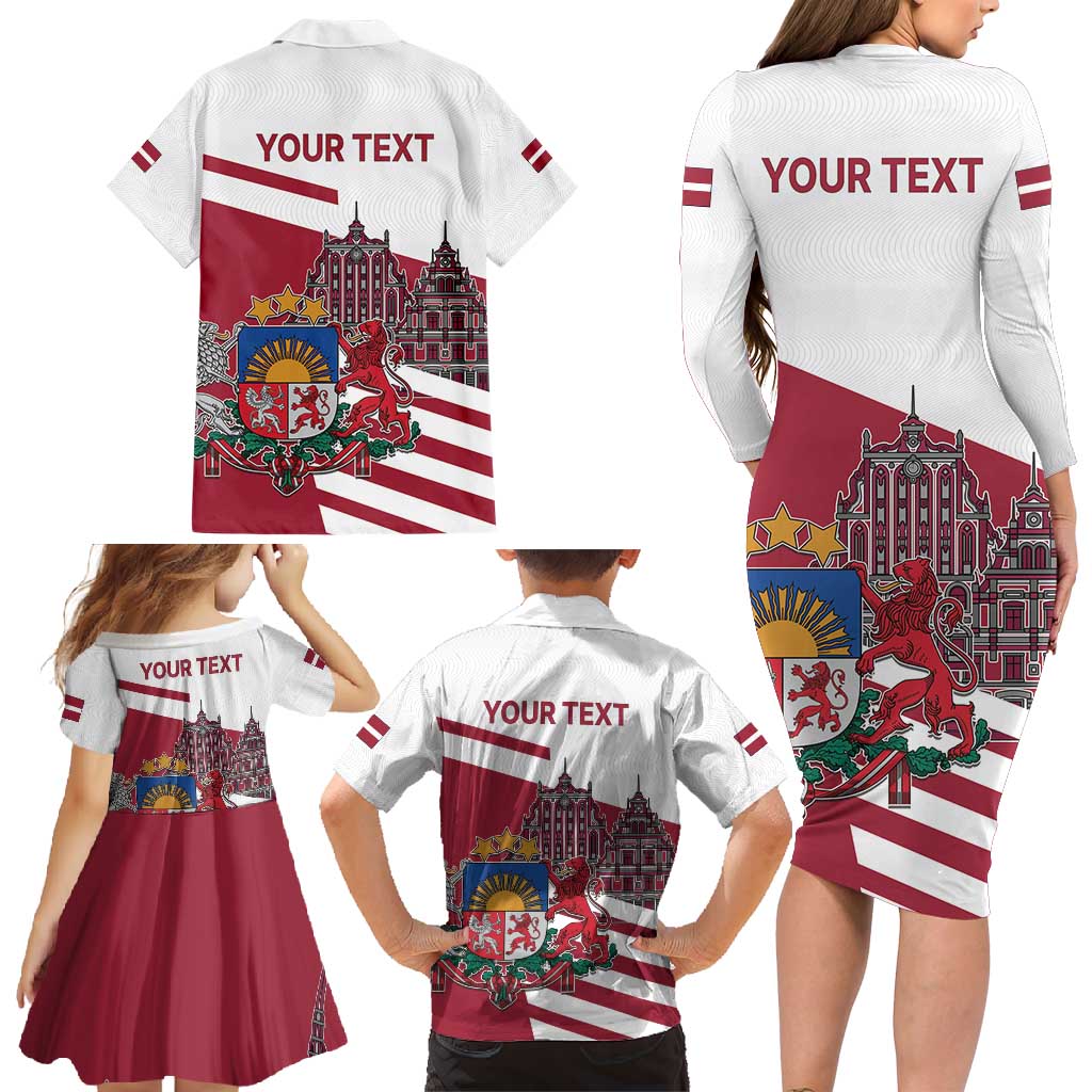 Personalized Riga Town Hall Square Latvia Family Matching Long Sleeve Bodycon Dress and Hawaiian Shirt Coat of Arms