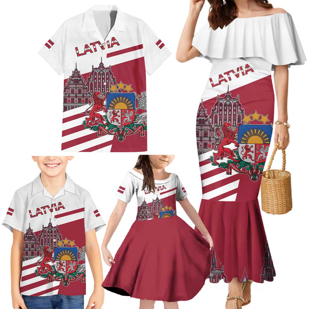 Personalized Riga Town Hall Square Latvia Family Matching Mermaid Dress and Hawaiian Shirt Coat of Arms