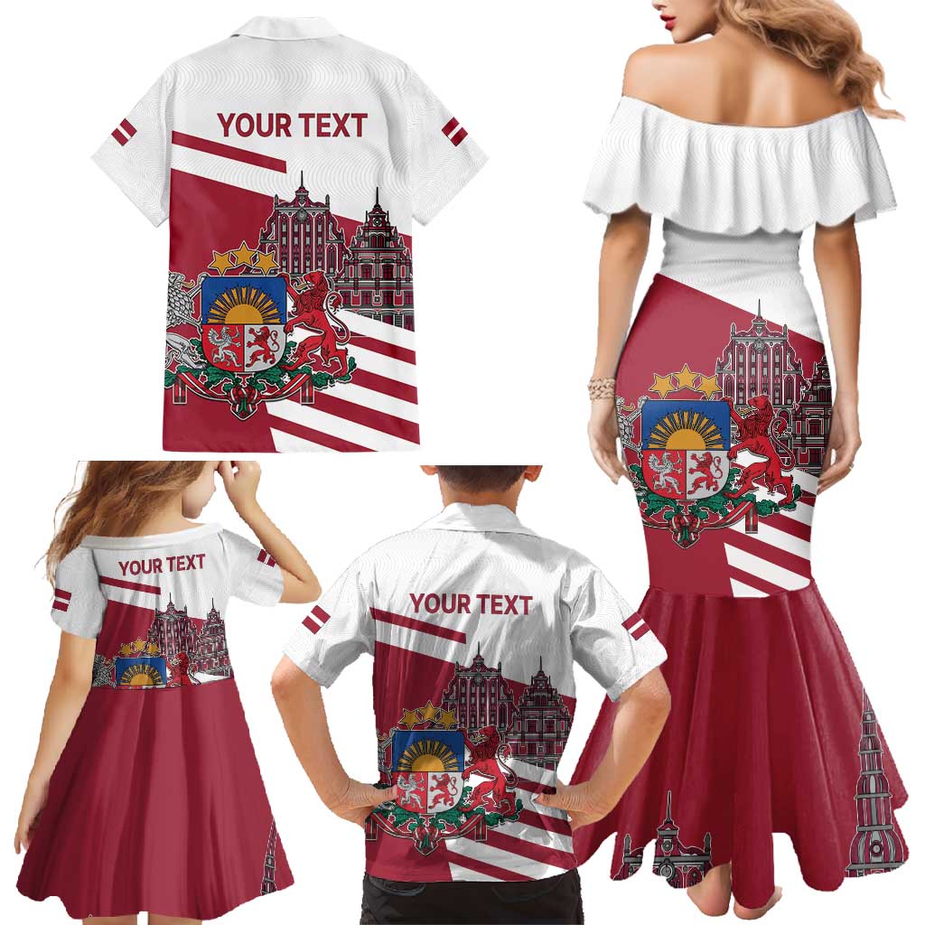 Personalized Riga Town Hall Square Latvia Family Matching Mermaid Dress and Hawaiian Shirt Coat of Arms