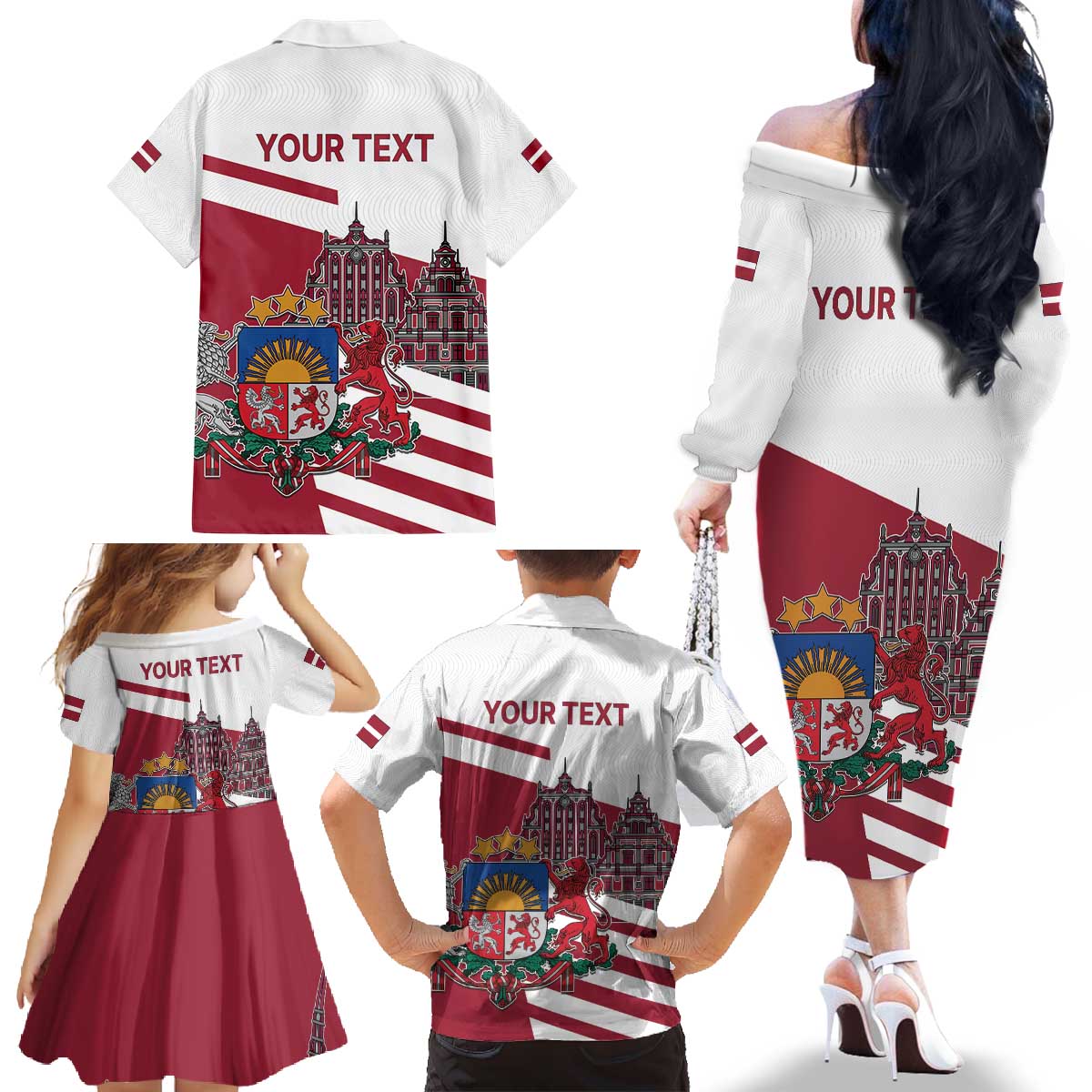 Personalized Riga Town Hall Square Latvia Family Matching Off The Shoulder Long Sleeve Dress and Hawaiian Shirt Coat of Arms