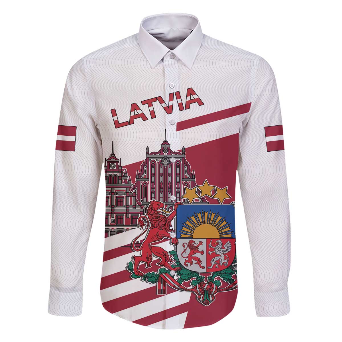 Personalized Riga Town Hall Square Latvia Family Matching Off The Shoulder Long Sleeve Dress and Hawaiian Shirt Coat of Arms