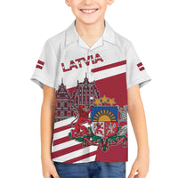 Personalized Riga Town Hall Square Latvia Family Matching Off The Shoulder Long Sleeve Dress and Hawaiian Shirt Coat of Arms