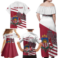 Personalized Riga Town Hall Square Latvia Family Matching Off Shoulder Maxi Dress and Hawaiian Shirt Coat of Arms
