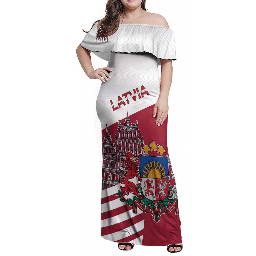 Personalized Riga Town Hall Square Latvia Family Matching Off Shoulder Maxi Dress and Hawaiian Shirt Coat of Arms