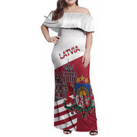 Personalized Riga Town Hall Square Latvia Family Matching Off Shoulder Maxi Dress and Hawaiian Shirt Coat of Arms
