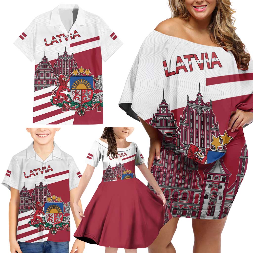 Personalized Riga Town Hall Square Latvia Family Matching Off Shoulder Short Dress and Hawaiian Shirt Coat of Arms