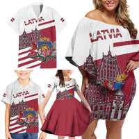 Personalized Riga Town Hall Square Latvia Family Matching Off Shoulder Short Dress and Hawaiian Shirt Coat of Arms