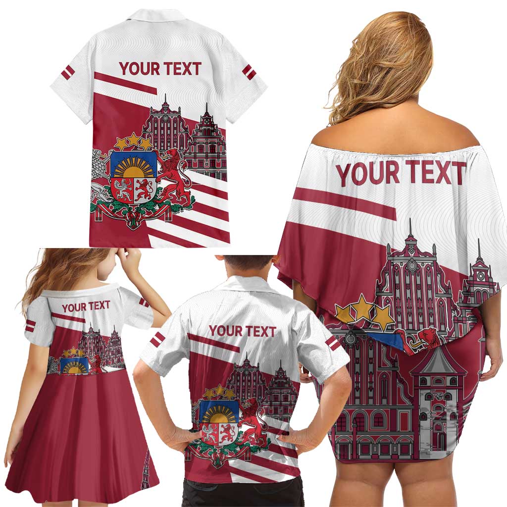 Personalized Riga Town Hall Square Latvia Family Matching Off Shoulder Short Dress and Hawaiian Shirt Coat of Arms