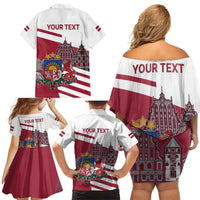 Personalized Riga Town Hall Square Latvia Family Matching Off Shoulder Short Dress and Hawaiian Shirt Coat of Arms