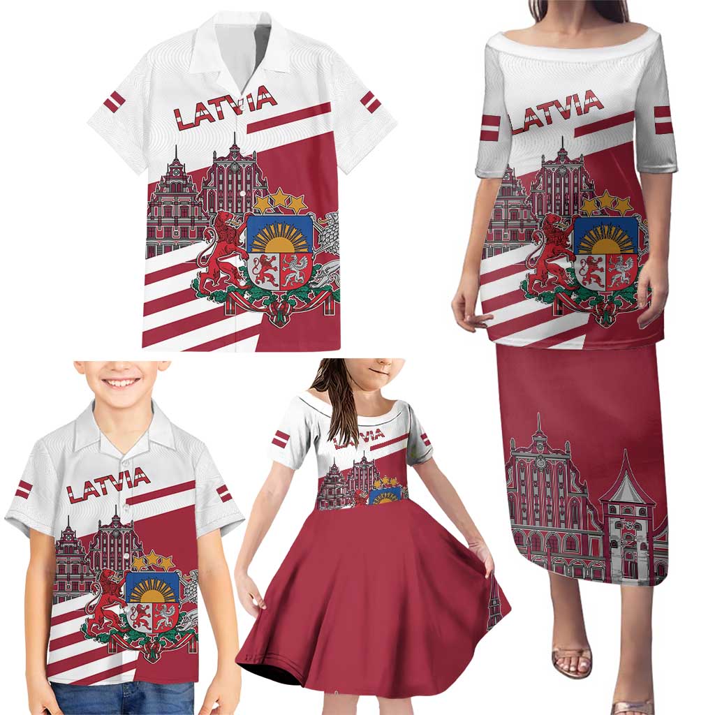 Personalized Riga Town Hall Square Latvia Family Matching Puletasi and Hawaiian Shirt Coat of Arms