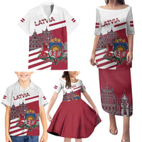 Personalized Riga Town Hall Square Latvia Family Matching Puletasi and Hawaiian Shirt Coat of Arms