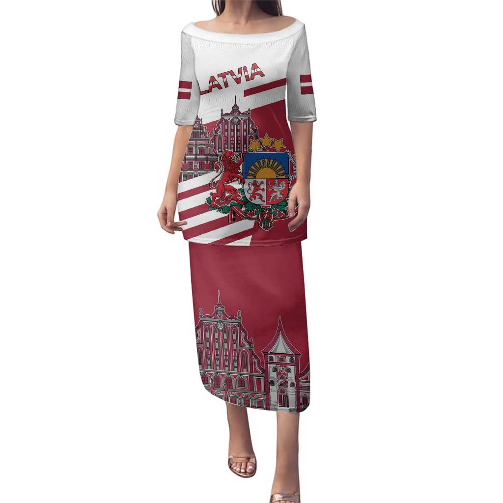 Personalized Riga Town Hall Square Latvia Family Matching Puletasi and Hawaiian Shirt Coat of Arms