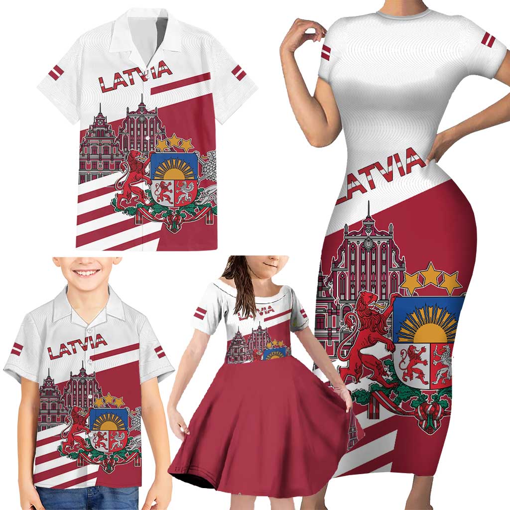 Personalized Riga Town Hall Square Latvia Family Matching Short Sleeve Bodycon Dress and Hawaiian Shirt Coat of Arms