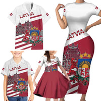 Personalized Riga Town Hall Square Latvia Family Matching Short Sleeve Bodycon Dress and Hawaiian Shirt Coat of Arms