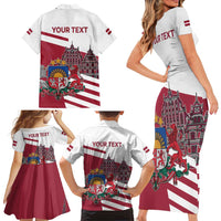 Personalized Riga Town Hall Square Latvia Family Matching Short Sleeve Bodycon Dress and Hawaiian Shirt Coat of Arms