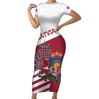 Personalized Riga Town Hall Square Latvia Family Matching Short Sleeve Bodycon Dress and Hawaiian Shirt Coat of Arms
