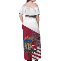 Personalized Riga Town Hall Square Latvia Off Shoulder Maxi Dress Coat of Arms
