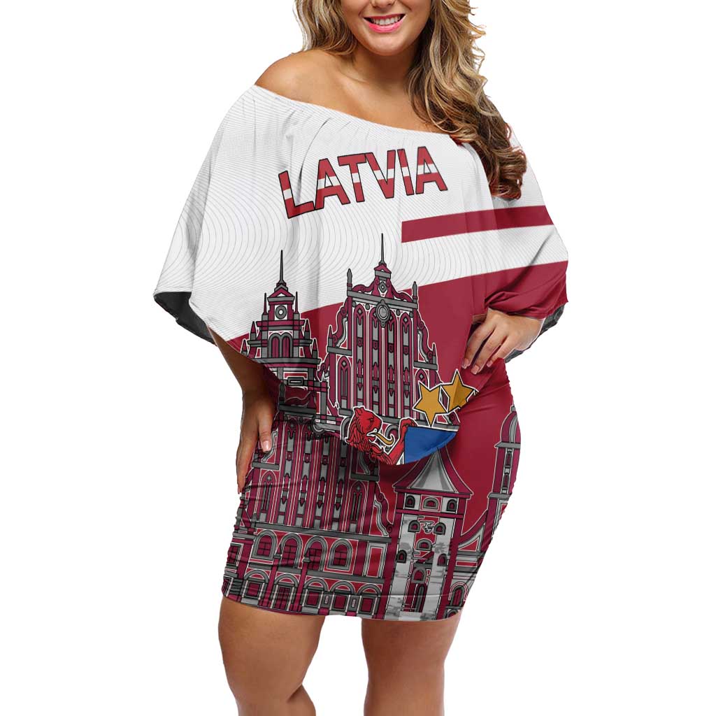 Personalized Riga Town Hall Square Latvia Off Shoulder Short Dress Coat of Arms
