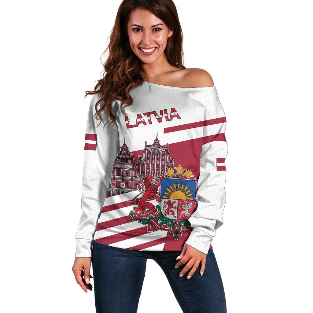 Personalized Riga Town Hall Square Latvia Off Shoulder Sweater Coat of Arms