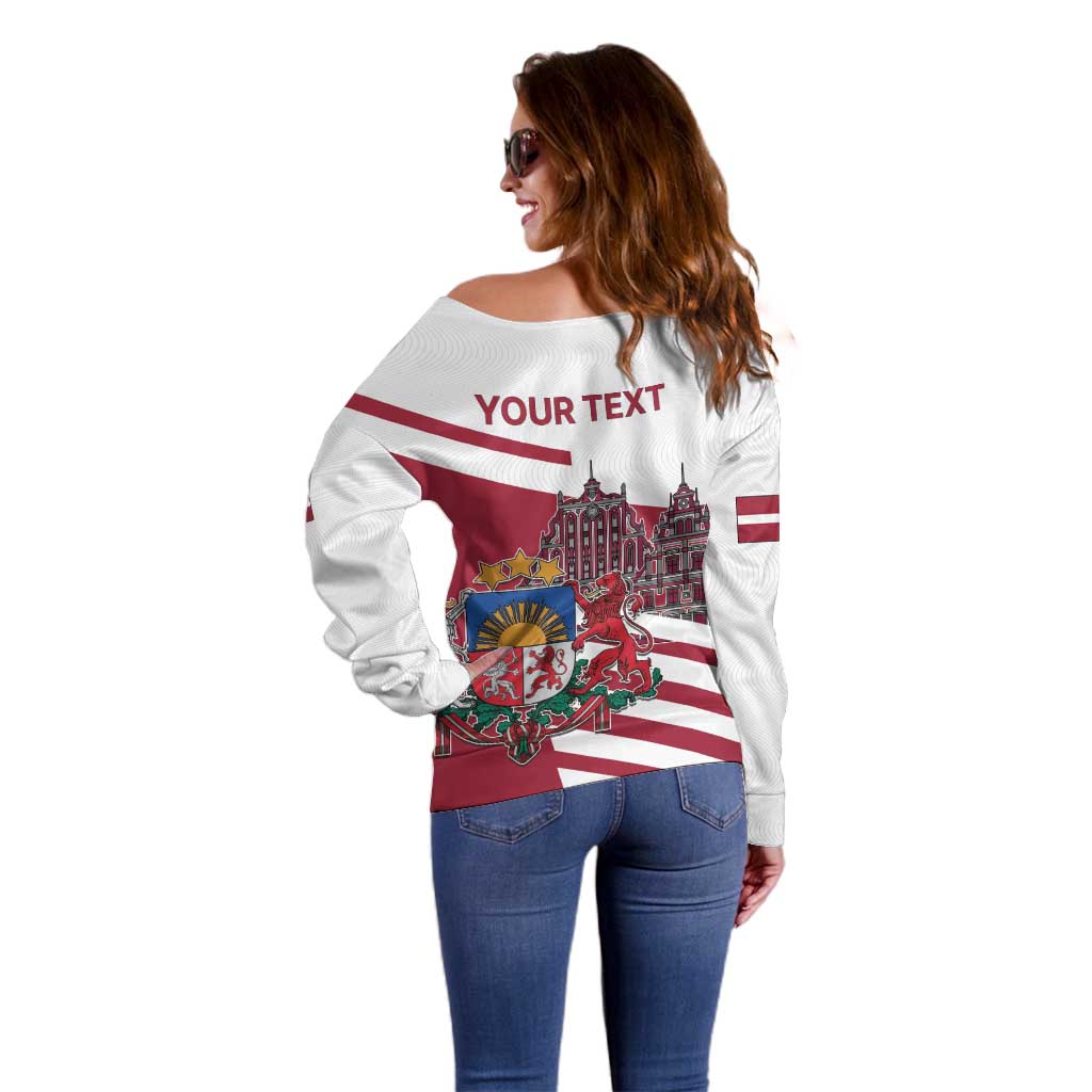 Personalized Riga Town Hall Square Latvia Off Shoulder Sweater Coat of Arms