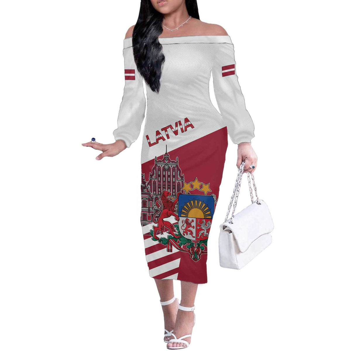 Personalized Riga Town Hall Square Latvia Off The Shoulder Long Sleeve Dress Coat of Arms