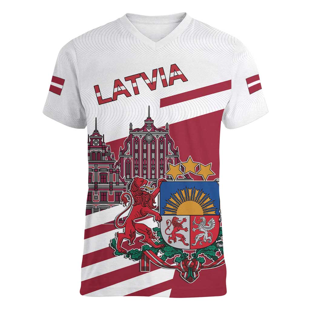 Personalized Riga Town Hall Square Latvia Women V-Neck T-Shirt Coat of Arms