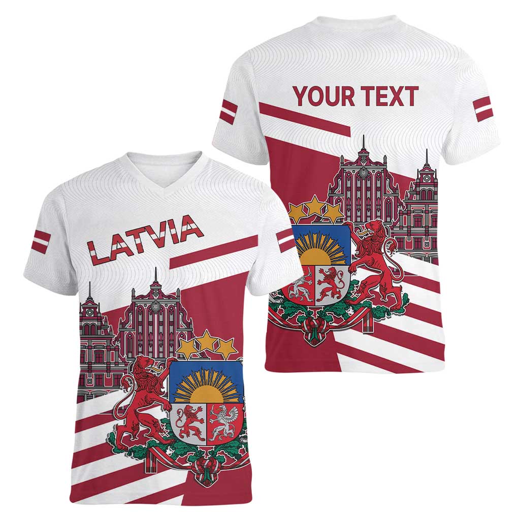 Personalized Riga Town Hall Square Latvia Women V-Neck T-Shirt Coat of Arms