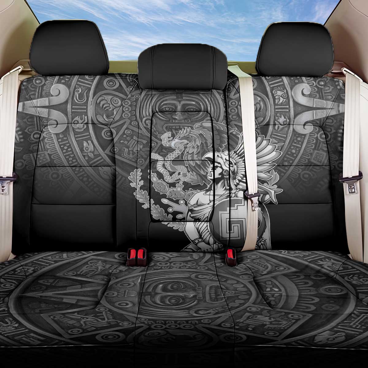 Mexico Aztec Warrior Back Car Seat Cover Huitzilopochtli With Aztec Calendar
