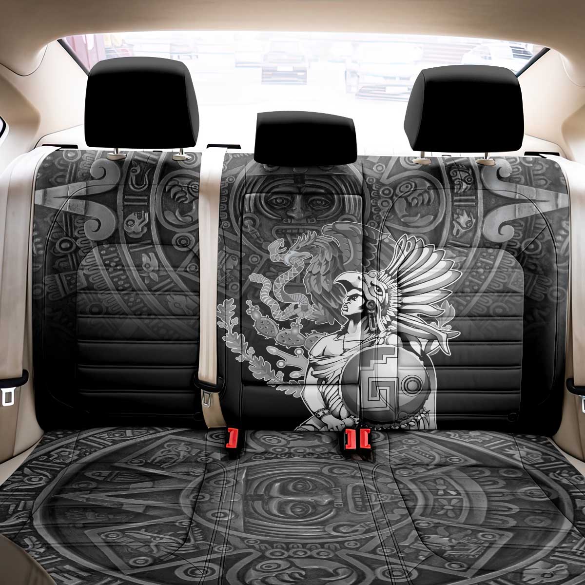 Mexico Aztec Warrior Back Car Seat Cover Huitzilopochtli With Aztec Calendar