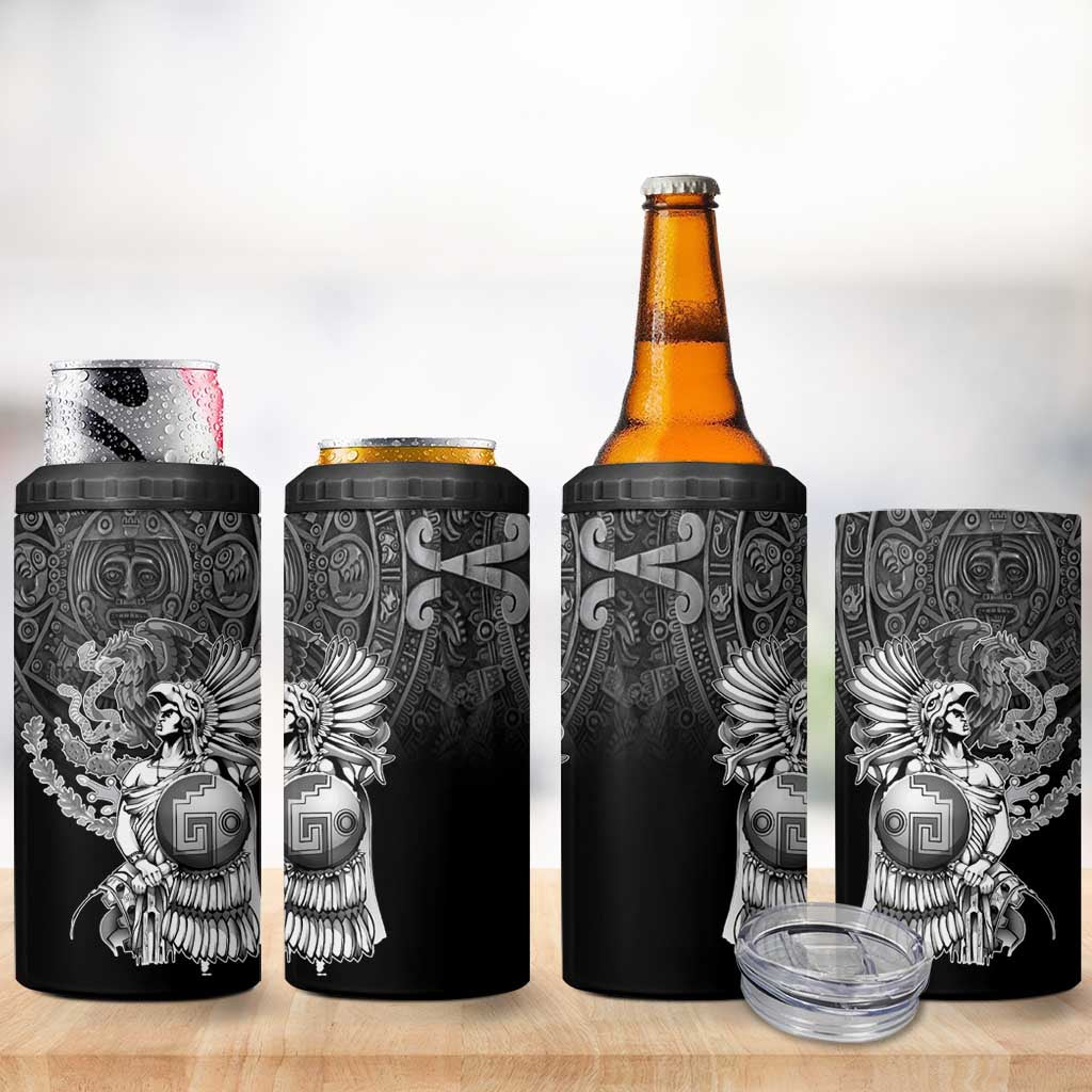 Mexico Aztec Warrior 4 in 1 Can Cooler Tumbler Huitzilopochtli With Aztec Calendar