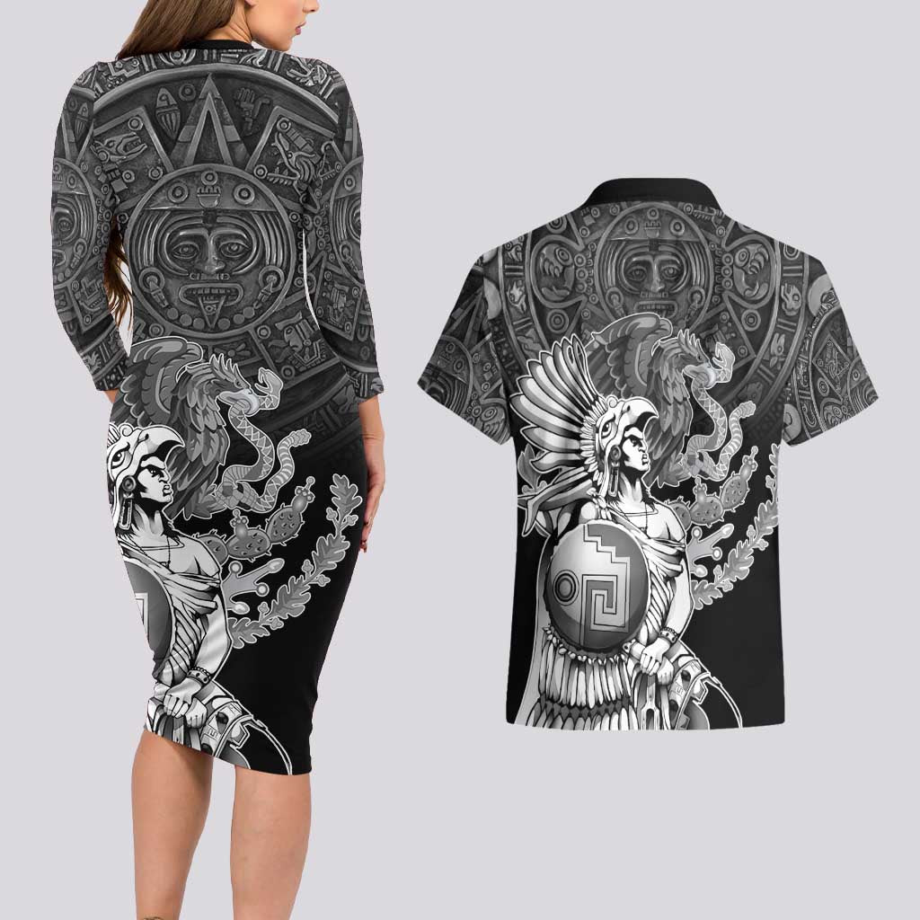 Mexico Aztec Warrior Couples Matching Long Sleeve Bodycon Dress and Hawaiian Shirt Huitzilopochtli With Aztec Calendar