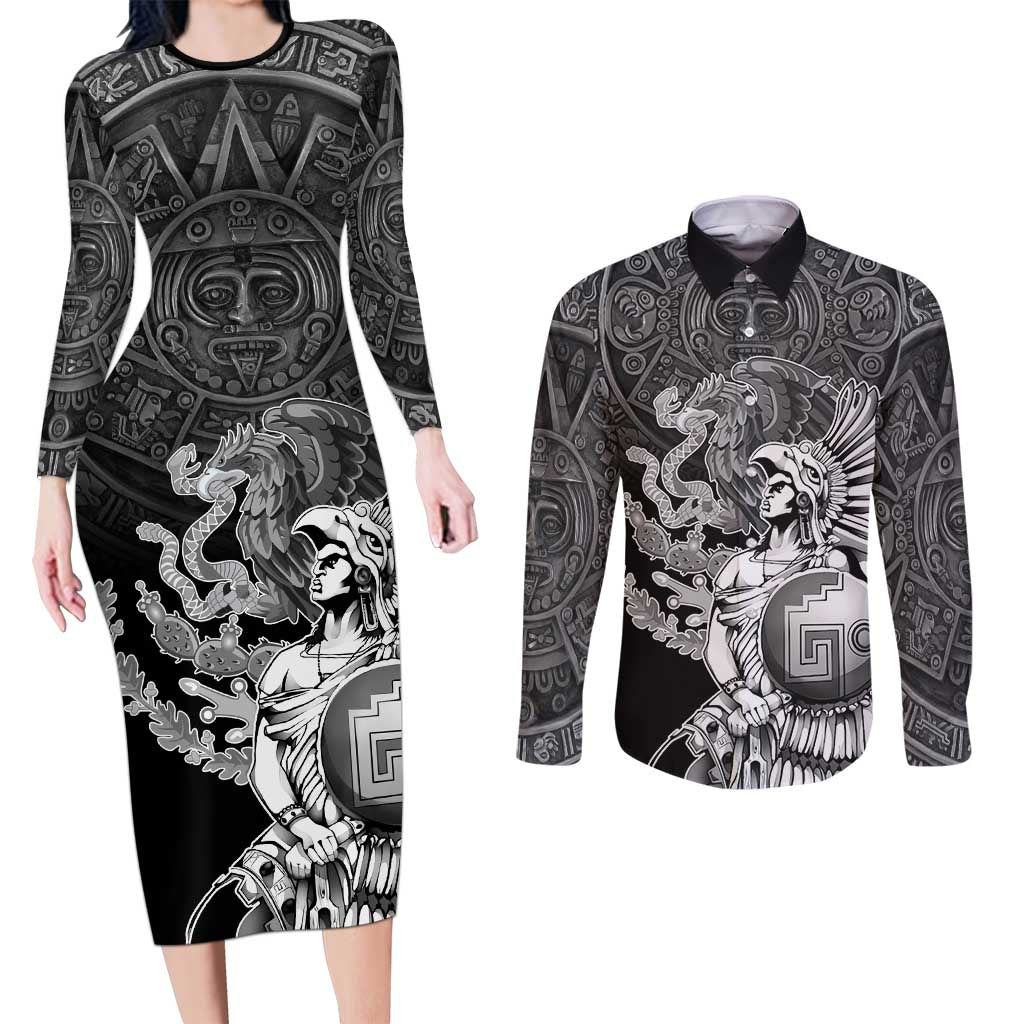 Mexico Aztec Warrior Couples Matching Long Sleeve Bodycon Dress and Long Sleeve Button Shirt Huitzilopochtli With Aztec Calendar