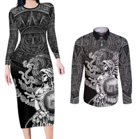 Mexico Aztec Warrior Couples Matching Long Sleeve Bodycon Dress and Long Sleeve Button Shirt Huitzilopochtli With Aztec Calendar